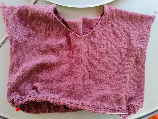 Knitting project in a reddish lavender color. 

It's a sleeveless shirt, worked from top down with a v neck and the beginnings of a lane border around the bottom.