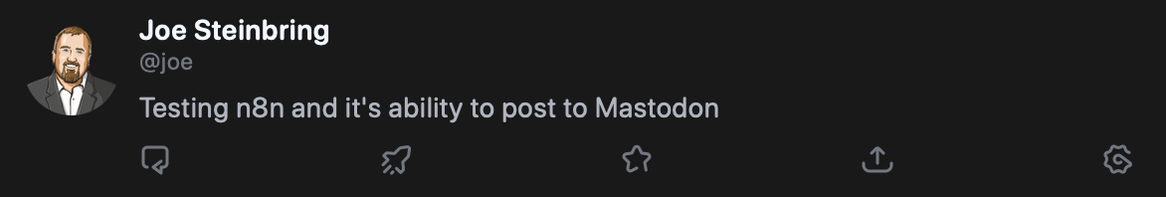 A Mastodon post that was generated by n8n
