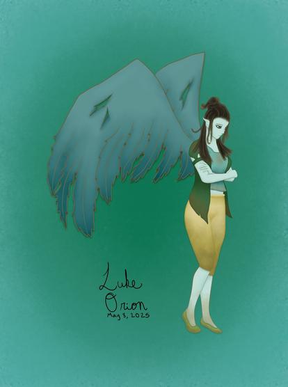 A stylized illustration of a female figure with wings, standing with her arms crossed. She has a serious expression and is dressed in a green top and yellow slacks. The background is a gradient of green, and there is a signature in the lower right