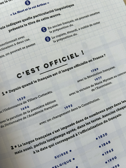 Photo du cahier d’activités avec une page de jeux, notamment depuis quand le français est-il officiel ?