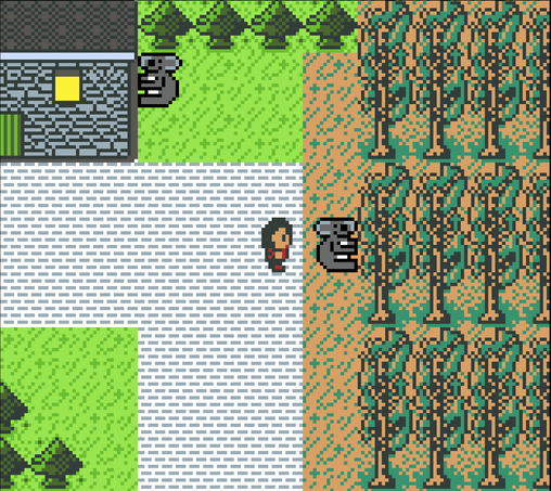 Unha captura do xoguiño no que estou traballando, que ten un estilo visual pixel art moi semellante ao da segunda xeración de Pokémon. Na imaxe vese un personaxe vestido de vermello nunha rúa da súa aldea, mirando unha plantación de eucaliptos da que pendura un simpático koala.