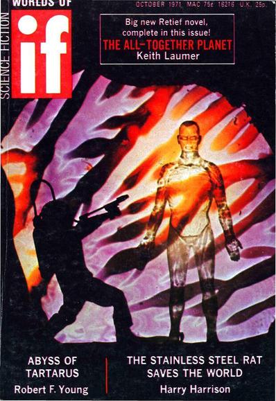 A silhouetted figure is pointing a device which might be a flamethrower at an android-looking figure whose body looks metallic and whose face is a grimacing mask. The whole scene is overlaid with a pattern of striations like leaves or seaweed.
Worlds of IF magazine cover from 1971.