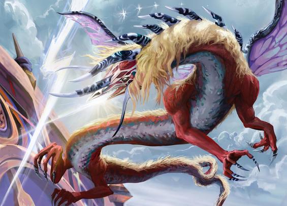 Digital painting of a red dragon with fae wings and whose spine gathers an electric storm attack.