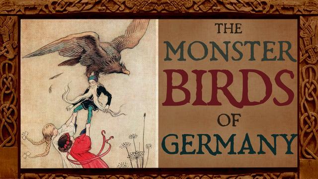 A schoolbook-style drawing of a large eagle trying to carry off a small bearded man in its claws, but children grasp at his legs and try to pull him free. Overlaid text: The Monster Birds of Germany