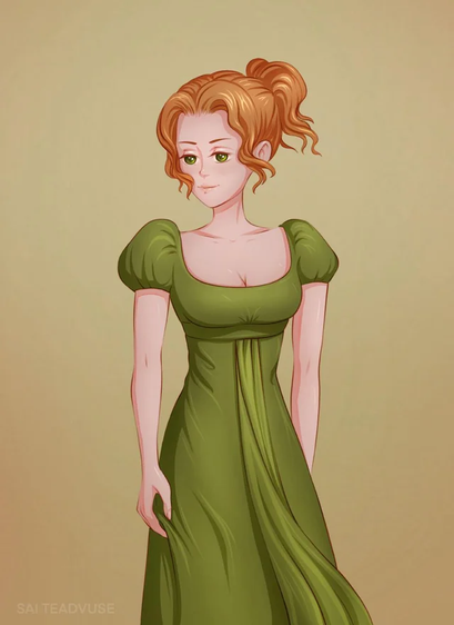 The image features a stylized illustration of a woman standing against a plain, light beige background. She has reddish-orange hair styled in a high ponytail with loose curls framing her face. Her eyes are green, and she has a gentle expression with a slight smile. She is wearing a green dress with a square neckline and puffed sleeves, which flows down to the floor. The dress has a fitted bodice and a flowing skirt, with a subtle pleat detail at the waist. The illustration has a smooth, cartoonish style with soft lines and a limited color palette. The text "SAITEADVUSE" is visible in the bottom left corner of the image.