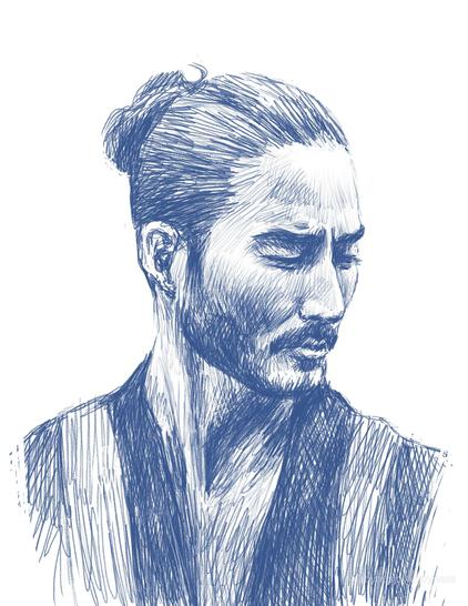 Drawing of a Japanese man in blue ink.