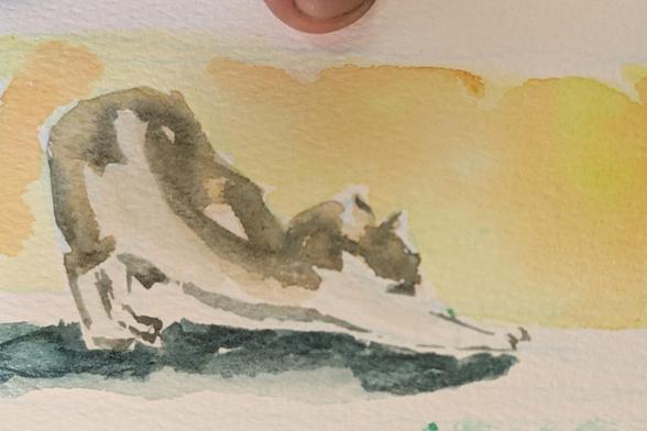 A loose watercolor painting of a cat stretching in the sun.