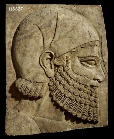A man's head depicted on a wall panel. Khorsabad, Iraq, Neo-Assyrian Empire, 710-705 BC [2000x2450]