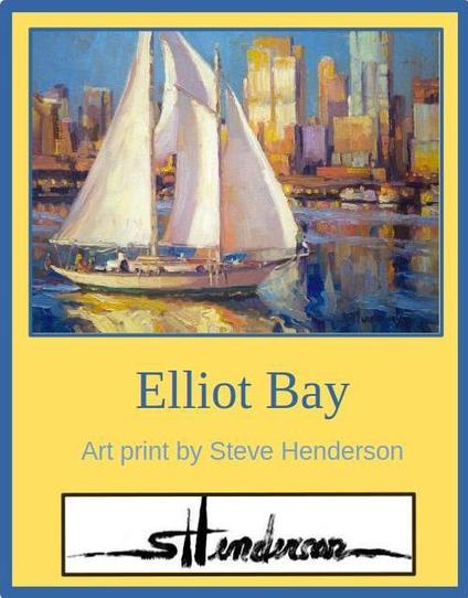 Art print of an original oil painting depicting a sailboat gliding past a cityscape at sunset.