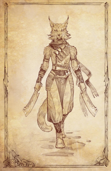 The image depicts a fantasy character with a humanoid body and a lynx-like head, standing in a confident pose. The character is dressed in a detailed, medieval-style outfit, featuring a fur-lined tunic with a decorative chest plate, arm guards, and a belt with pouches. The character holds two large, curved blades, one in each hand, with intricate designs on the blades. The character's attire includes a scarf around the neck and a long, flowing skirt-like garment. The character's tail is visible, adding to the animalistic appearance. The background is a textured, parchment-like surface with an ornate border, giving the image an aged, parchment-like appearance. The bottom left corner of the image has a signature that reads "MOTOLAB."
