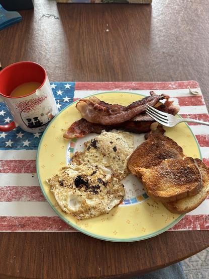 A plate of breakfast food featuring two fried eggs, strips of bacon, and two slices of toasted bread with butter. The plate is placed on a table with an American flag design placemat underneath. A red cup beside the plate contains orange juice.
