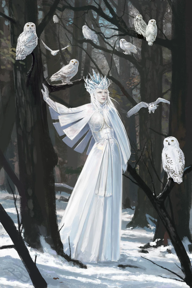 The image depicts a serene winter scene in a forest. In the center stands a figure dressed in a long, flowing white gown with intricate designs, complemented by a headpiece resembling ice crystals. The figure's arms are gracefully extended, with one hand resting on a tree branch. Surrounding the figure are several white owls, some perched on branches and others in flight, adding to the mystical atmosphere. The forest is covered in snow, with bare trees and a muted color palette of whites, grays, and dark browns, enhancing the wintry feel. The overall composition creates a harmonious blend of the figure and the natural elements, emphasizing the connection between the character and the environment.