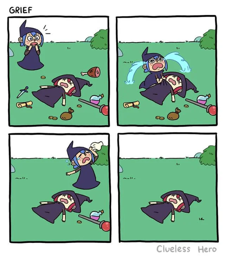 The image is a four-panel comic strip titled "GRIEF" in the top left corner. The first panel shows a character with blue hair and a dark blue hooded robe standing with a shocked expression, looking at another character lying on the ground, also in a dark blue hooded robe, with a sword, a potion bottle, a scroll, and some coins scattered around. The second panel depicts the blue-haired character sitting on top of the other character, crying with tears streaming down their face. The third panel shows the blue-haired character standing up, looking distressed, while the other character remains on the ground. The final panel shows the blue-haired character walking away, leaving the other character lying alone on the ground. The bottom right corner has the text "Clueless Hero." The background is a simple green field with a bush in the distance.