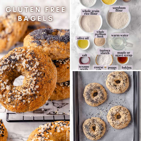 Gluten-free bagels sprinkled with coarse salt, sesame, and poppy seeds, shown stacked on a cooling rack and prepared on a baking tray. Includes labeled ingredients like sorghum flour, tapioca starch, and psyllium husk.