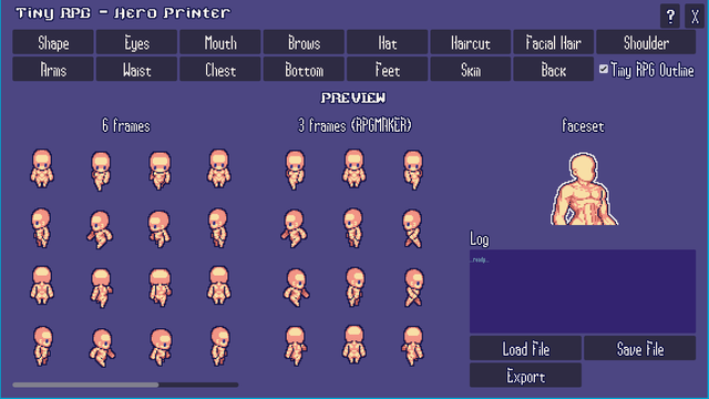 Screenshot showing the Tiny RPG Hero Printer and its default naked character.