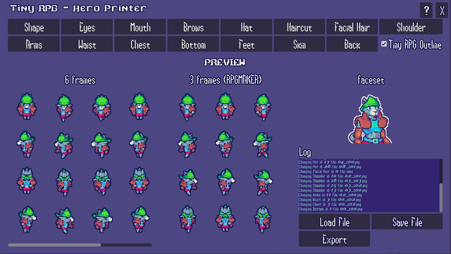 Screenshot showing the Tiny RPG Hero Printer and a werewolf thief being built.