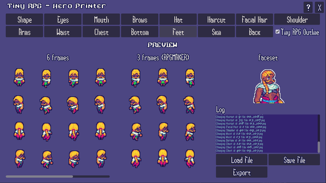 Screenshot showing the Tiny RPG Hero Printer and a blonde haired black skinned mage being built.