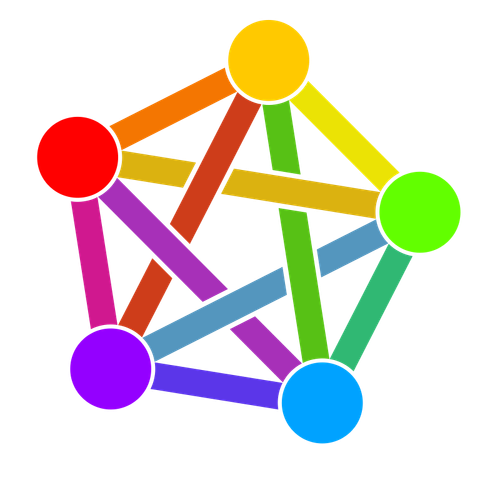 The Fediverse logo. It's a pentagon with large dots on each corner and lines joining all the dots to all the other dots. Each line is a different colour, giving a rainbow effect to the overall logo.