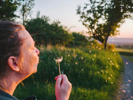 A woman blowing over a dandelion.