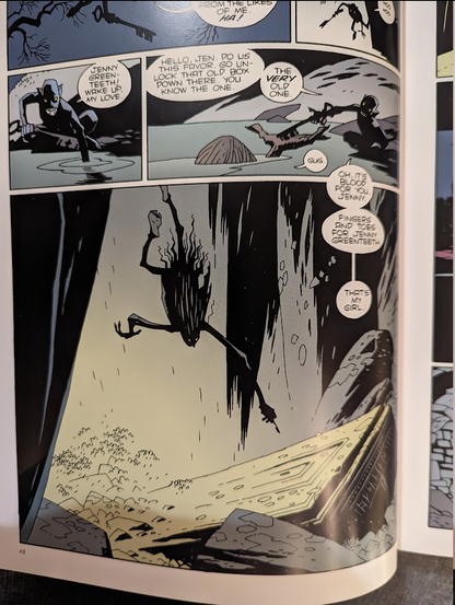 A page from the Hellboy comic, The Corpse. It shows a small demon handing a key to Jenny Greenteeth in a river who then swims down to a locked casket.