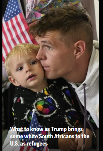 White male adult with shaven hair on the side of his head and longer on the top; holding small, blonde haired child. 
What to know as Trump brings some white South Africans to the US as refugees