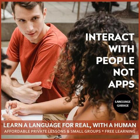 Affordable, effective, and enjoyable online language tutoring, one-on-one lessons, small group classes, and free self study materials. Image of a young man speaking to a woman.