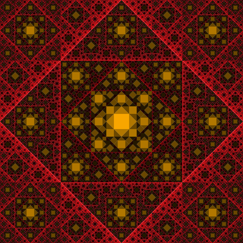 Fractal with 4 symmetry axes, composed of squares and half-squares, in pink and yellow shades.