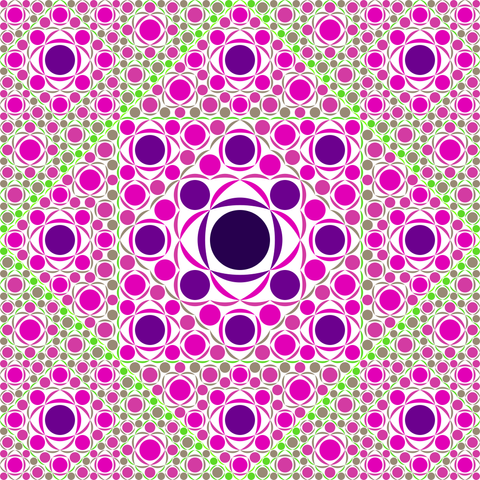 Same fractal (one less iteration level) using circles and crescents, colors blue, purple, pink, grey, and green over a white background.