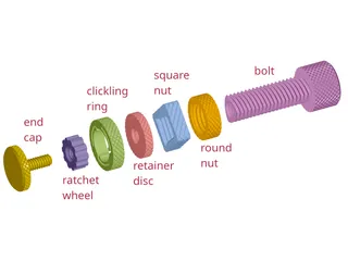 3D Printerrd Impossible Reuleaux Triangle Bolt with Square Nut & Clicker Assembly: including end cap, ratchet wheel, clicking ring, retainer disc, square nut, round nut, and the bolt