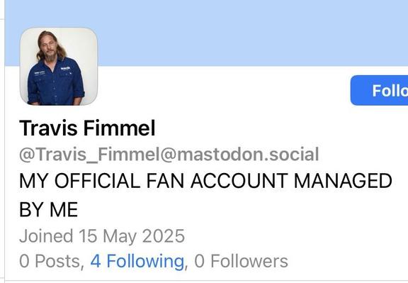 Travis/_/Fimmel/mastodon/social
MY OFFICIAL FAN ACCOUNT MANAGED BY ME 
Photo of an ethnic man with shoulder length mid brown hair, a moustache and a beard on his chin. He is wearing a blue button up short, with the sleeves rolled up to his elbows.