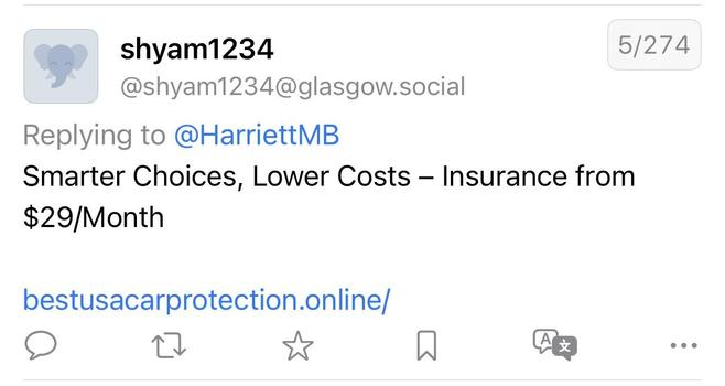 Shyam1234/glasgow/social
Spammer with no pix and no bio.
Unrelated reply - smarter choices, lower costs, insurance from $29/month 
Link to a website - best/us/car/protection/online