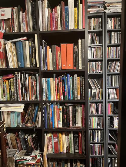 Bookshelf full of books, many of which have some accordion content. A few are about accordions, or various concertinas in various languages. Others are about styles of music with more or less squeezebox: zydeco, klezmer, Irish trad, country, folk, jazz, blues, Brazilian, Mexican and the Mexican American border region, and etc. maybe 500 books and various kind of sloppy folders and papers.