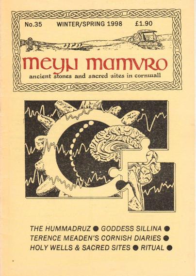 The front cover of Meyn Mamvro: Ancient Stones and Sacred Sites in Cornwall No 35 for Winter/Spring 1998. Plain pale yellow with title in red and an illustration by Andy Norfolk of a stone circle, viewed from above, alongside a brain with a series of brainwaves and the phases of the moon, all arranged as the pieces of a jigsaw.