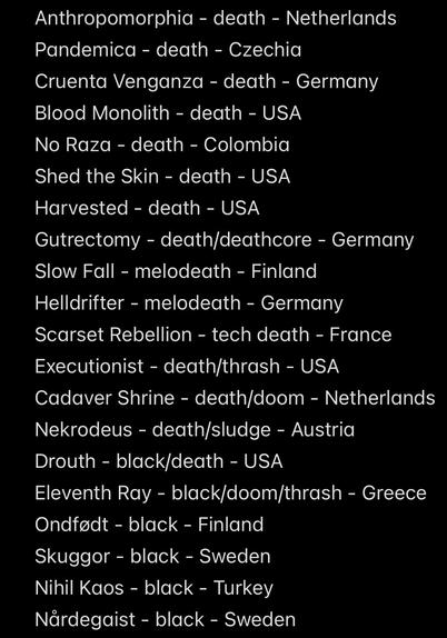 Anthropomorphia - death - Netherlands
Pandemica - death - Czechia
Cruenta Venganza - death - Germany
Blood Monolith - death - USA
No Raza - death - Colombia
Shed the Skin - death - USA
Harvested - death - USA
Gutrectomy - death/deathcore - Germany
Slow Fall - melodeath - Finland
Helldrifter - melodeath - Germany
Scarset Rebellion - tech death - France
Executionist - death/thrash - USA
Cadaver Shrine - death/doom - Netherlands
Nekrodeus - death/sludge - Austria
Drouth - black/death - USA
Eleventh Ray - black/doom/thrash - Greece
Ondfodt - black - Finland
Skuggor - black - Sweden Nihil Kaos - black - Turkey
Närdegaist - black - Sweden