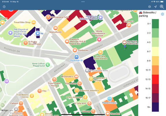 A screenshot of an iPad app showing a colorful map of an NYC neighborhood. Each building has one of 10 colors, according to how many 311 complaints were submitted in the last 12 months. 0-1 is given green; 2-3 is given a lighter green, and the colors proceed to get warmer by sets of 2, until we we reach the tenth color, dark purple, which represents 18 or more.
