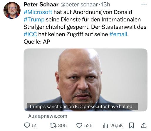 Post von Peter Schaar: #Microsoft hat auf Anordnung von Donald #Trump seine Dienste für den Internationalen Strafgerichtshof gesperrt. Der Staatsanwalt des #ICC hat keinen Zugriff auf seine #email. Quelle: AP