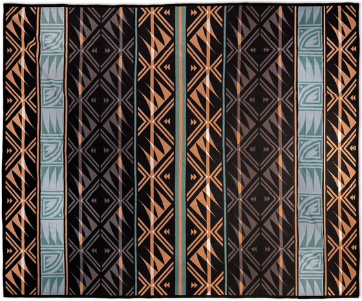 Desert Night Cotton Blend Blanket. Geometric patterns in brown, black and teal, reminiscent of Pueblo pottery.