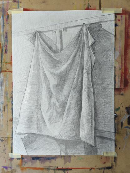 Pencil on paper.


Drawing of folds. A sheet is attached to a wooden slat (back of a canvas) with two nails .