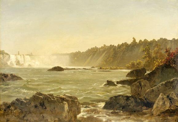 A classic landscape depicts a turbulent river with rocks in the foreground and majestic Niagara Falls in the distance under a clear sky.