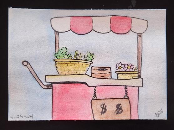 A little red and white market stall selling flowers and vegetables.