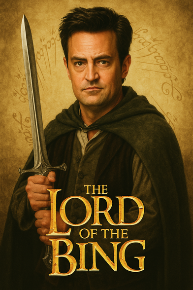 A parody fantasy poster features a man dressed in medieval-style clothing, wearing a dark green cloak and gripping a sword. His expression is serious, and behind him glows the iconic Elvish inscription of the One Ring from The Lord of the Rings. However, instead of a classic Middle-earth hero, the man’s face resembles actor Matthew Perry — best known for playing Chandler Bing on Friends.

The text at the bottom mimics the style of epic fantasy movie titles but reads:

“THE LORD OF THE BING”

This AI-generated image cleverly fuses pop culture by reimagining Chandler Bing as a stoic hero in a Tolkien-esque universe. It blends the dry, sarcastic energy of a sitcom icon with the grandeur of fantasy storytelling, turning a beloved TV character into the reluctant savior of Middle-earth — or maybe just the king of binge-watching.