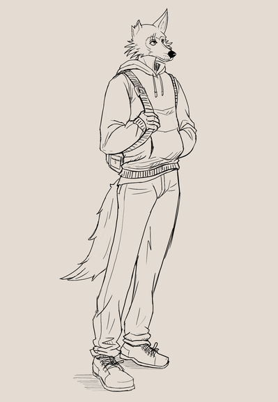 digital doodle of Legoshi from Beastars (he is just standing doing nothing in particular and he wears a hoodie, jeans and has a backpack)