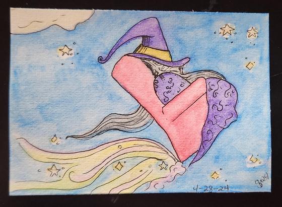 Sleeping wizard flying through the night sky on their recliner.