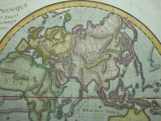 &amp;quot;Mappe-Monde Physique,&amp;quot; by l&#039;Abbé Mongez (Mentelle, Paris, 1779): *the whole map*: *northwest*; *northeast*; *southwest*; *southeast* Created by l’Abbé Mongez and published by Mentelle in Paris in 1779, the map features detailed depictions 
of mountain ranges, river systems, and ocean currents, reflecting Enlightenment-era interests in natural science and exploration. The full map is a double-hemisphere projection showing the continents and oceans with topographical and hydrographical 
features highlighted. l&#039;Abbé Mongez (Mentelle, Paris, 1779) - http://www.columbia.edu/itc/mealac/pritchett/00maplinks/overview/asiaphysical/asiaphysical.html 
https://commons.wikimedia.org/wiki/Category:Maps_of_Eurasia#/media/File:%22Mappe-Monde_Physique,%22_by_l&#039;Abb%C3%A9_Mongez_(Mentelle,_Paris,_1779)_north_east.jpg