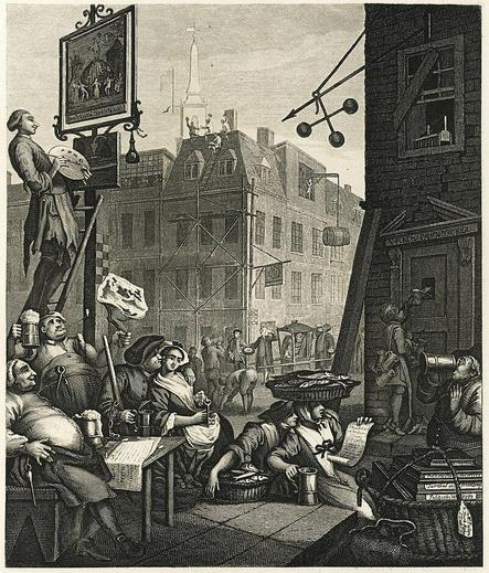 an engraving, it is a street scene, people walking around, one of them up on a ladder painting a sign,  people drinking, some carrying things