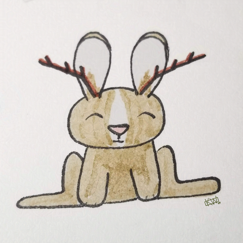 Ink doodle of a very happy jackalope- a jackrabbit with antlers.
