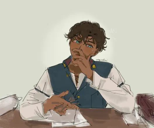 A sketch of Kabru from Dungeon Meshi stressing over paperwork, twirling a pencil in his hand.