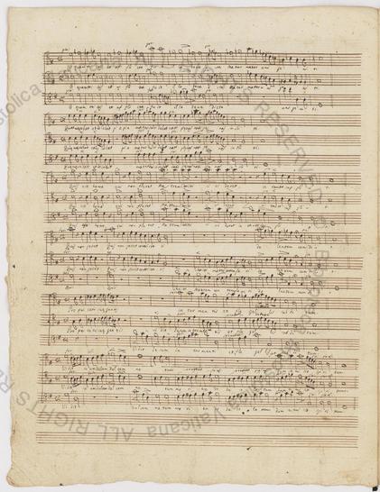 f.3v from Capp.Sist.455, a large page of densely written 19th C music.  There are 20 staves, each with lyrics and additional musical directions below