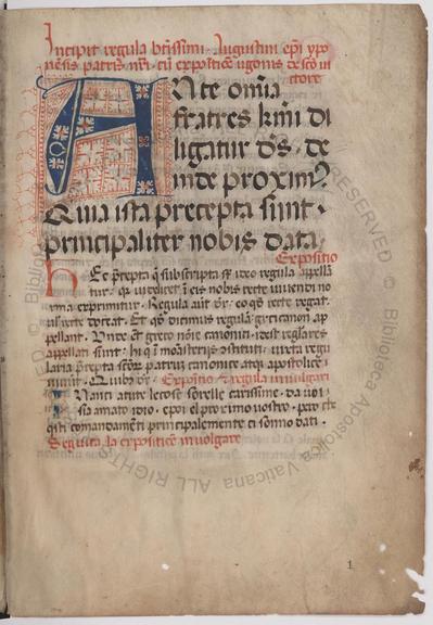 f.1r from Vat.lat.10991.  This is a commentary on the Rule of St. Augustine, dated to 1455.  There are two lines of red rubrication above a single column of late gothic text.  The text begins with a large puzzlework A, starting the first six lines in a larger hand, with smaller text below providing commentary