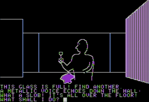 Apple II screen of a person holding a wine glass with a purple spill below

THIS GLASS IS FULL! FIND ANOTHER!